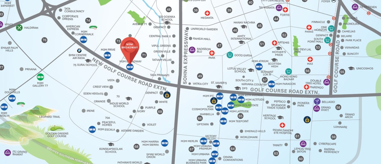 Location map of M3M Broadway Sector 71 Gurgaon near Southern Peripheral Road