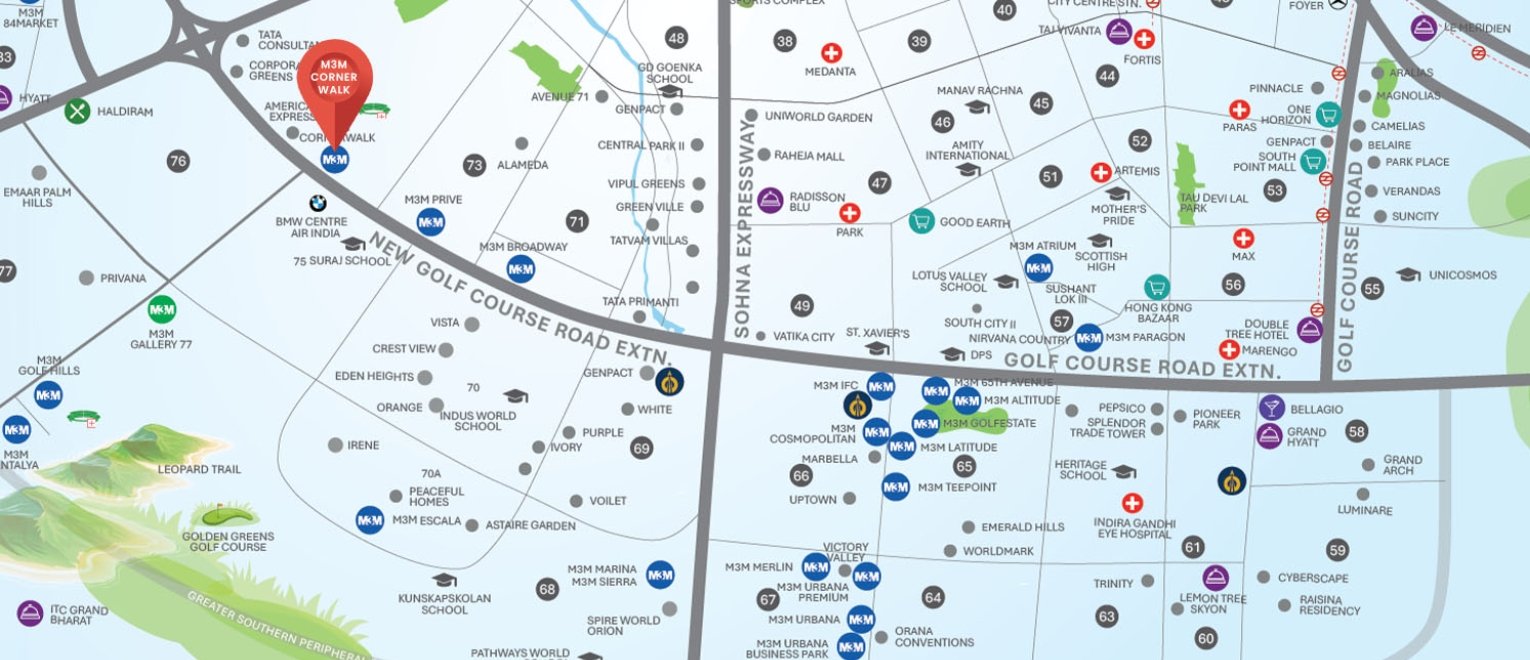Location map of M3M Corner Walk Sector 74 Gurugram on Southern Peripheral Road