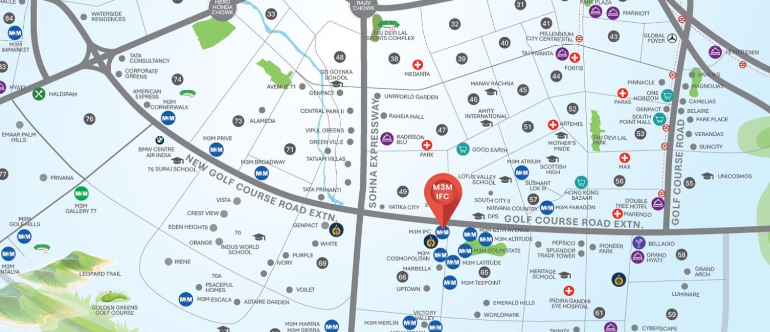 Location map of M3M IFC Sector 66 Gurgaon on Golf Course Extension Road