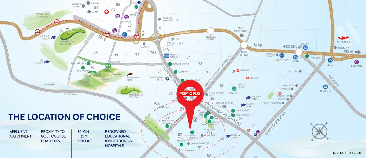 Location map of M3M Opus Golf Course Extension Road Sector 67 Gurgaon