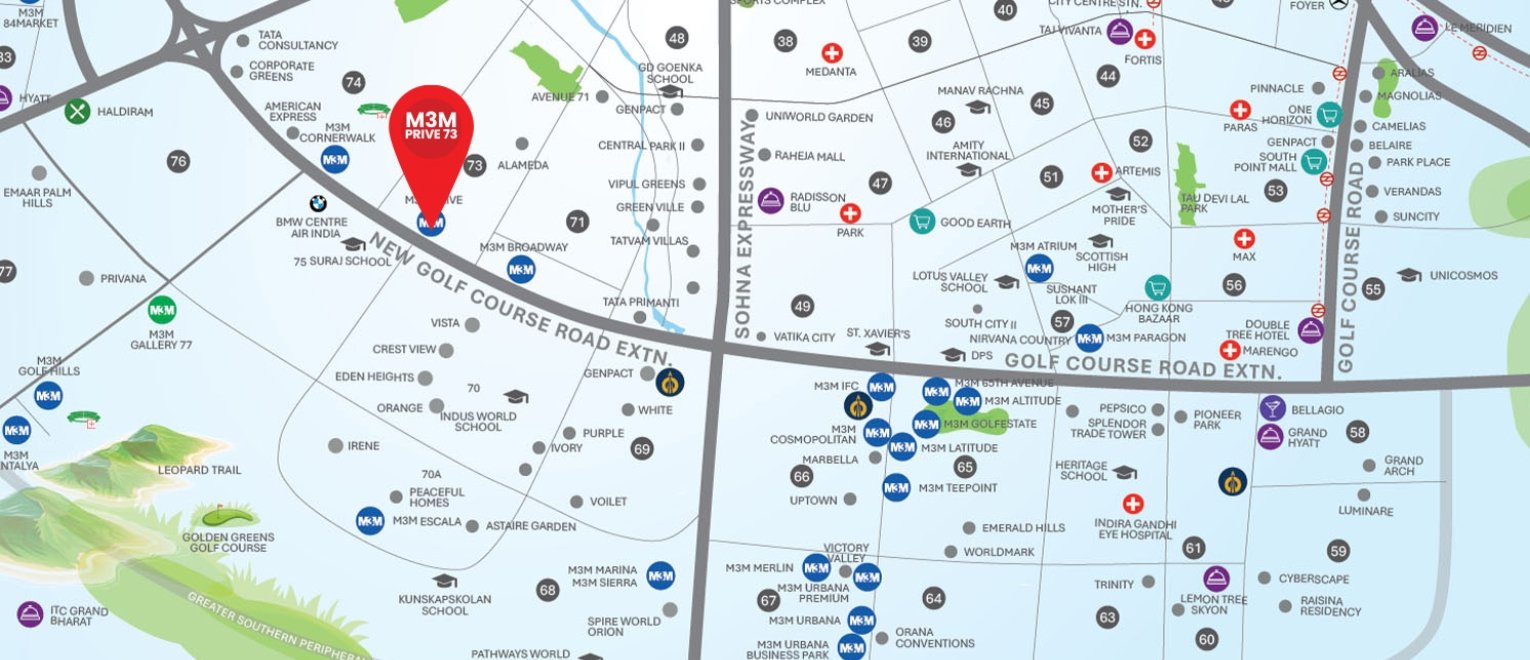 Location map of M3M Prive 73 Sector 73 Gurugram on Southern Peripheral Road