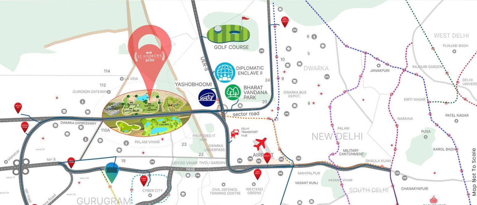 Location map of M3M St Andrews Golf Residences Sector 113 Gurgaon near Dwarka Expressway