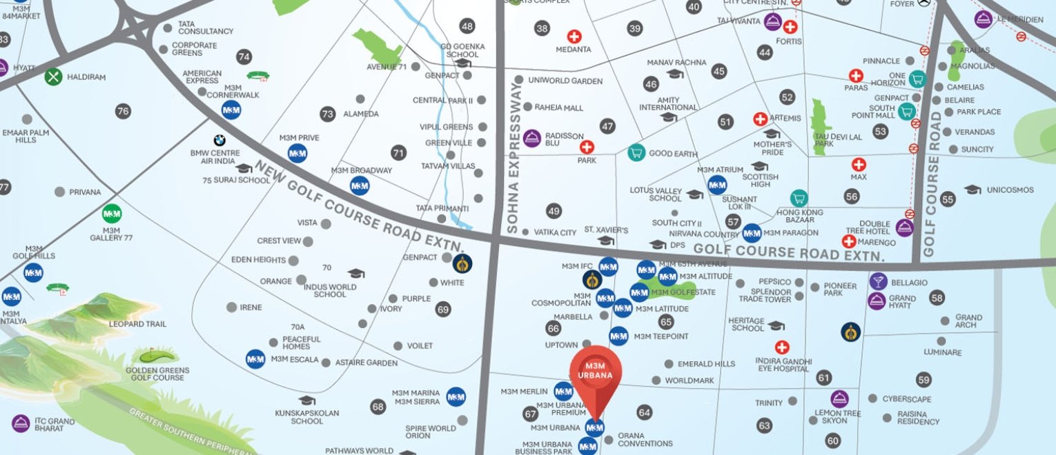Location map of M3M Urbana Business Park Sector 67 Gurgaon near Golf Course Extension Road